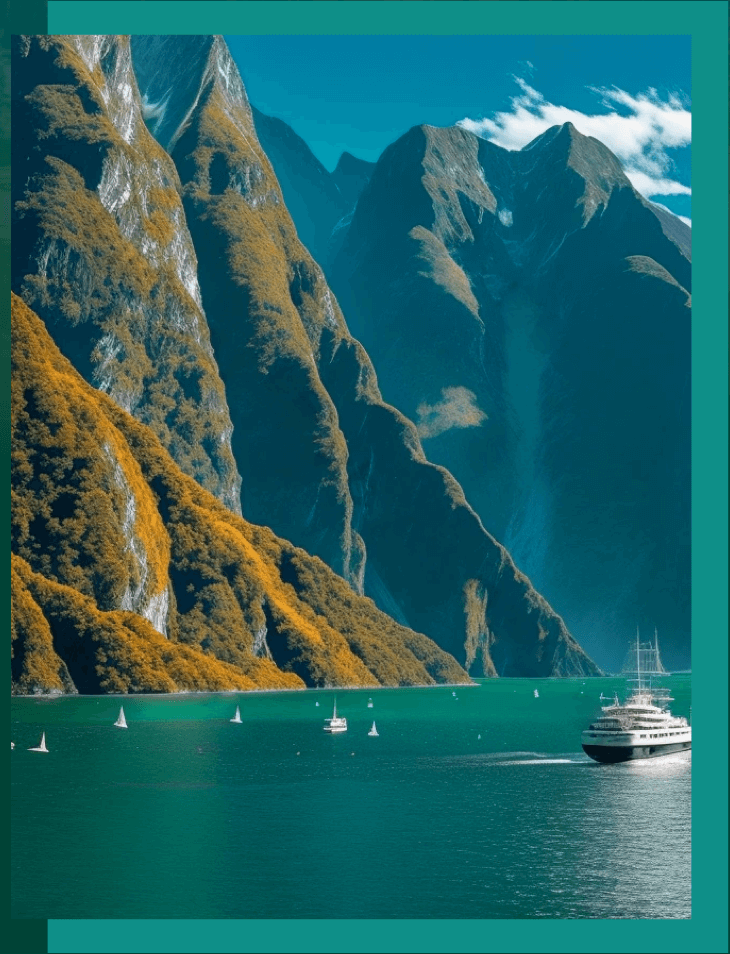 新西兰自然风光 - 碧绿的湖水、高耸的山脉和游船